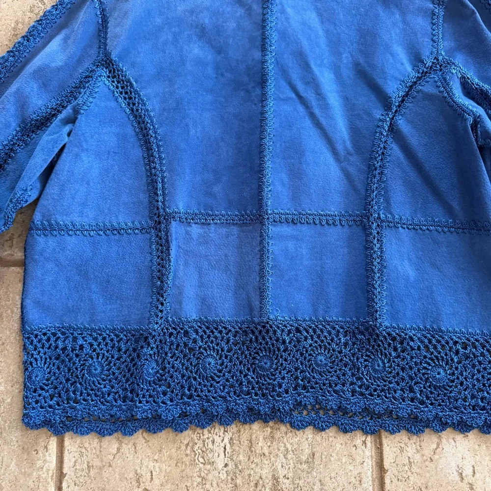 Vintage Y2K Size XL Blue Suede Leather Patchwork Jacket Lace Western‎ Crochet